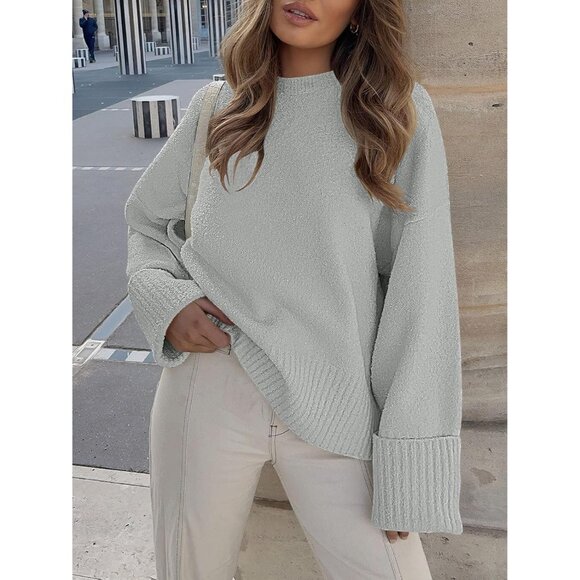 Women's Oversized Sweater Fuzzy Light Grey Long Sleeve Casual Chunky Pullover - Picture 2 of 8